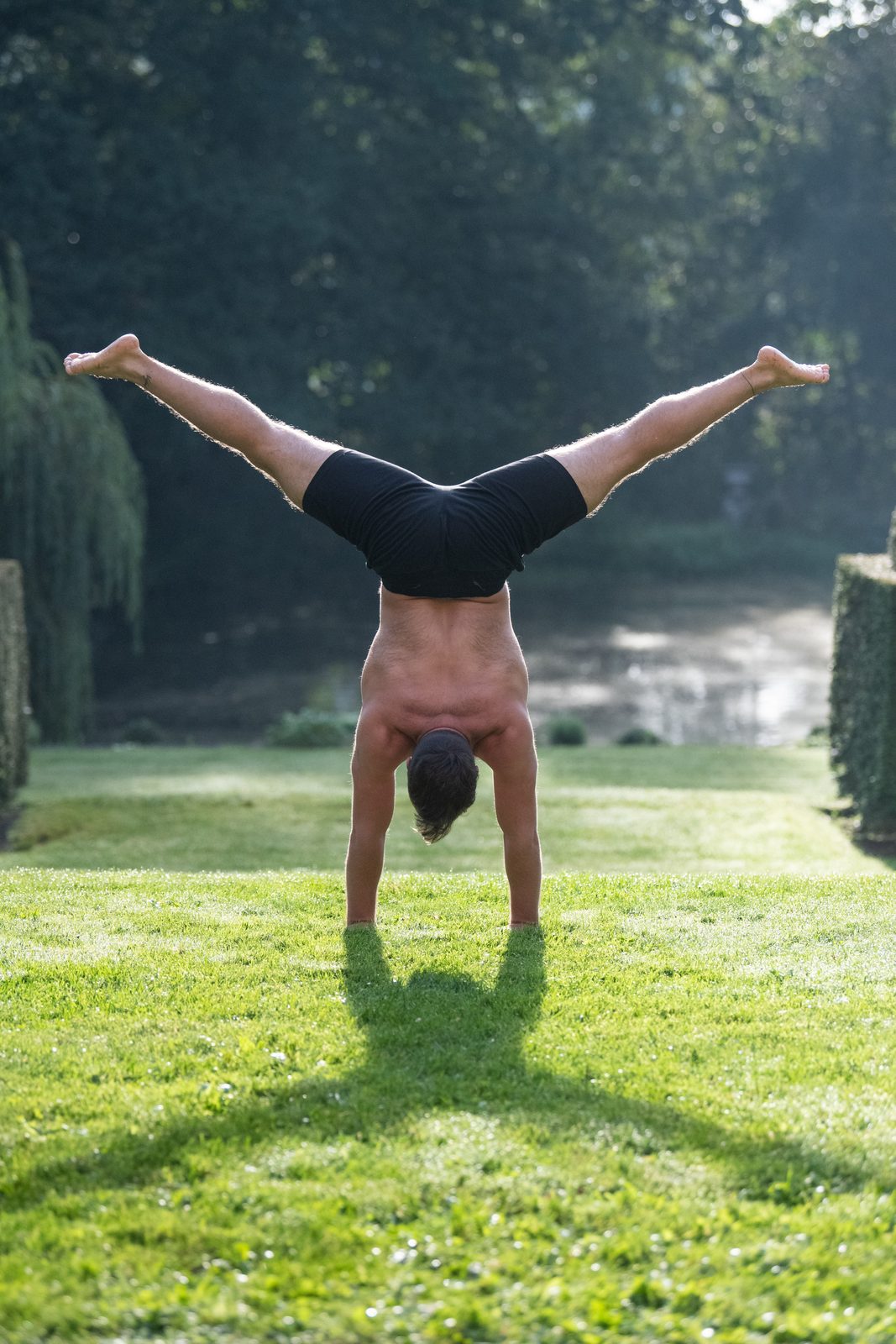 Wolf Bogaert holding a straddle handstand on a sunlit garden lawn